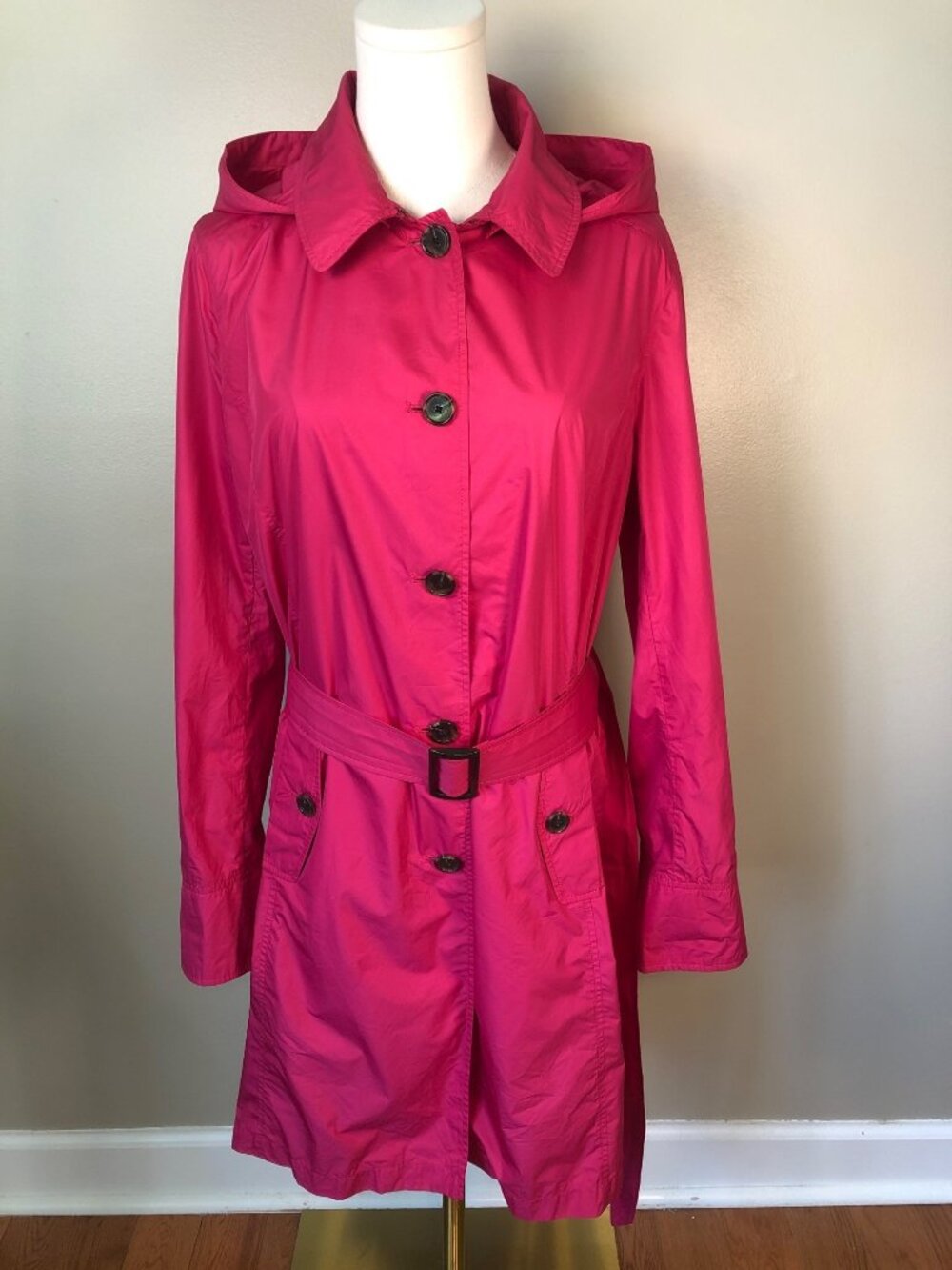 Lands End Fuchsia Lightweight Belted Raincoat With Detachable Hood Size M